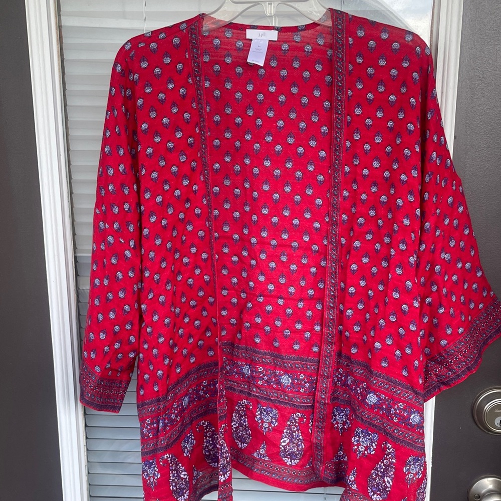 J. Jill Red and blue paisley Open-Front Printed Kimono Cardigan
